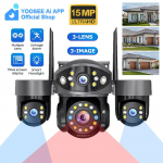 YOOSEE Ai rakendus WIFI turvakaamera kolme objektiiviga HD 15MP v&auml;listingimustes 360&deg; PTZ CCTV Ai liikumistuvastus j&auml;lgimine kahepoolne intercom &ouml;&ouml;n&auml;gemine Camera