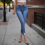 Naiste Vintage K&otilde;rge V&ouml;&ouml;kohaga Denim Teksad Daamide Veniv Rebenenud Aukudega Skinny Pliiatsp&uuml;ksid L sinine