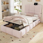 Polsterdatud voodi, Lastevoodi 90 x 200cm, H&uuml;draulilise funktsiooniga voodi lipprestiga, Peatsi, Suure mahutavusega ja USB-laadimispordiga, Samet, Roosa 216.5 x 103.5 x 99 cm roosa