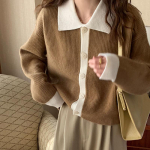 Kardigan s&uuml;gis-talvine retro rev&auml;&auml;riga kontrastv&auml;rvi kootud naiste pikkade varrukatega avara polo kraega kampsun kardigan One Size tume khaki v&auml;rv