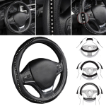 Fashion Steering Wheel Cover Black Lychee Pattern with Luxury Crystal Rhinestone M size Fits 38cm/15 gray
