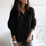 Naiste s&uuml;gis- ja talvine vaba &uuml;hev&auml;rviline &otilde;mblemine pikkade varrukatega krae pool lukuga Pullover, kootud kampsun L must