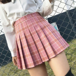 Pehme roosa korea ruuduline seelik, plisseeritud k&otilde;rge v&ouml;&ouml;kohaga seelik Harajuku ruuduline seelik Kawaii seelik tenniseseelik Jaapani r&otilde;ivad Kawaii r&otilde;ivad Jaapan XS