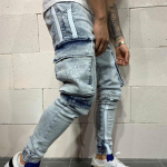 Euroopa ja Ameerika &Uuml;hendriigid Stretch Meeste Teksad Trend Knee Hole T&otilde;mblukuga p&uuml;ksid S helesinine v&auml;rv