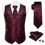 Barry.Wang Meeste vest, vest, kaela lips, taskur&auml;tik Mansetin&ouml;&ouml;bid tumepunased Paisley žakaarkootud siidist pulmade tutvumispeo komplekt 2XL