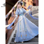 Uus Hiina stiilis retro-antiikstiilis &otilde;rn originaalse disainiga Hanfu pikkade varrukatega, tr&uuml;kitud v&ouml;&ouml;kohaga kleit S sinine