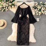 Prantsusmaa Elegantne Jacquard Kleit Naiste &scaron;ifoonist pikkade mantlitega varrukatega lapiline pakett puusa pitsiga peol Vestidos reljeefsed r&otilde;ivad XXL roosa