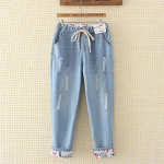 Naiste kevad ja s&uuml;gis suur k&otilde;rge v&ouml;&ouml;kohaga vabaaja p&uuml;ksid lahtised teksad Denim k&auml;rbitud p&uuml;ksid XL helesinine v&auml;rv