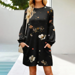 Moodne naiste pikkade varrukatega joonkleit, s&uuml;gisene vabaaja puljongiga, laia kaelusega taskutega kleit L must