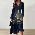 Naiste s&uuml;gis- ja talvine vabaajamoodne V-kaelusega pikkade varrukatega pikk kleit M tumesinine