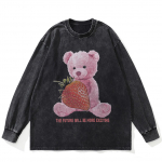Streetwear Strawberry Bear Graphic pestud must T-s&auml;rk Puuvillane Unisex Plus Size pikkade varrukatega T-s&auml;rk S must