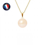 PERLINEA - Pendentif - V&eacute;ritable Perle de Culture d'Eau Douce Bouton 9-10 mm Rose - Or Jaune - Cha&icirc;ne Offerte - Bijoux Femme