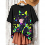 Anime Cat 3D Prindiga naiste T-s&auml;rk Jaapani multifilmi T-s&auml;rk Harajuku vabaaja l&uuml;hikeste varrukatega T-s&auml;rk, kaelus Suured naiste riided S