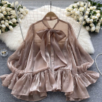 Premium Sense of Niche Design Sense Beading Bow Flare Sleeve S&auml;rk Naiste s&uuml;gisr&otilde;ivad Kuulsuste temperament s&auml;rk one size &scaron;ampanjav&auml;rvi