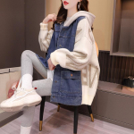 Talvine Plus Size S&uuml;gis Naiste Denim Patchwork Kampsunid Jakk Knitting Mood Oversize Casual Mantel lahtine kampsun S beež