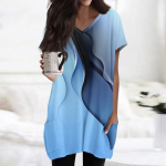 Naiste topid V-kaelusega l&uuml;hikeste varrukatega pluusid vabaaja keskmise pikkusega s&auml;rgid Moodsad tr&uuml;kised taskutega tuunikatopid L sinine