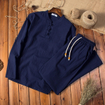 Ladies' cotton and linen button long-sleeved shirt set XXXL