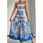 Naiste mood suvine kevadlillemustriga prinditud varrukateta traksid k&otilde;rge v&ouml;&ouml;kohaga vabaajakleidid L sinine