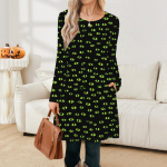 Naiste pikkade varrukatega kleit s&uuml;gisene vabaaja T-s&auml;rk lahtise l&otilde;ikega plisseeritud esiosaga taskutega kleidid L roheline