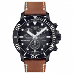 Tissot Seastar Series Kvartsmehhanismiga 300 Meetrit Veekindel Kell 45,5 mm Must Tihikterasest Korpus Nahkrihm T120.417.36.051.00 Brown Strap