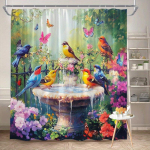 Aia du&scaron;ikardin 180x180cm &ndash; Maaeluline purskkaev lindude ja liblikatega, Lilleline vannitoa sisekujundus, 12 konksu W210H180(CM)-1 Pcs
