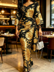 Naiste Must Kuldne P&auml;evalille Prindiga Maxi Kleit Kimono Varrukas V-kaeluse Ru&scaron;&scaron;itud V&ouml;&ouml;koht Kehasse H&otilde;lmav Elegantne Kleit XS