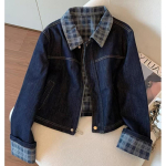 Naiste vaba l&otilde;ikega teksajakk kraega, pestud, vintage ruuduline, l&uuml;hike, petite suurused, vabaaja L 115-130 cm sinine