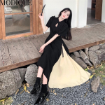 MODIQUE Summer Plus Size Uus pikk kleidis&auml;rk naiste lahtised Basics Vintage puuvillane A-joon kleit vabaaja massiivne naiste kleidid O-kaelusega l&uuml;hikeste varrukatega XL must