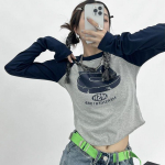 Vintage Y2K Patchwork Rohelised T-s&auml;rgid Naiste Hipi T&auml;navar&otilde;ivad Pikkade varrukatega T-s&auml;rgid Naiste Kpop Retro S&uuml;gis Crop Topid S tumesinine v&auml;rv