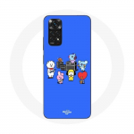 Coque pour Xiaomi Redmi Note 11S BTS BT21 Tata Chimmy Cooky Rj Koya Shooky Et Mang Jouent De la musique Fond Bleu