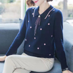 Spring Top Pullover Lapel Western Style Sviiter Kootud Sviiter S&uuml;gis Mugav Mitmek&uuml;lgne Alumine S&auml;rk Lahtine Jacquard Pullover Sviiter S tumesinine v&auml;rv