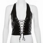 Seksikas punk-Y2K must PU-nahast k&auml;rbitud topp naiste seljataga Camisole suvevestiga, moeklubi kulumisp&uuml;ksid S must