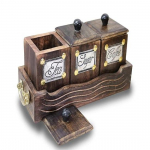 Puidust lauaplaat, suur 3 mahutiga kanistrikomplekt koos kandiku ja kaanega tee-kohvi suhkru 600 ml karbiga