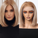 HAIRCUBE L&uuml;hike Bob sirge juustest pitsist eesmine parukas, pruun esilet&otilde;stmine Blond Remy juustest parukad Eelkitkutud pitsist esiparukas naistele