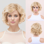 L&uuml;hikesed blondid lainelised juuksed S&uuml;nteetiline kohev lokkis parukas Kuumakindel kiust parukas koos Bang Nature v&auml;limusega parukas naistele igap&auml;evaseks peol kasutamiseks hele