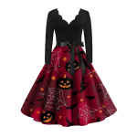 Naiste vintage klassikaline kleit kaelusega v&ouml;&ouml;kohaga kikilips, pikkade varrukatega Halloweeni tr&uuml;kiga V-kaelusega kiikkleit XXXL