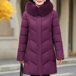 Suures suuruses XL-6XL Talvine pikk mantel Naiste pealisriided Kapuutsiga Elegantne Kunstkarusnahast kaelarihm Lahtine Paks Soe Keskealine Naine Parka 5XL lilla