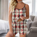 Naiste moe j&otilde;uluprintide komplekt varrukateta pidžaamaga l&uuml;hikesed p&uuml;ksid XXL valge