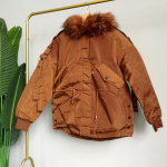 Naiste talvine l&uuml;hike &uuml;hev&auml;rviline pikkade varrukatega suur karusnahast krae, polsterdatud mantel lahtine jakk XL pruun