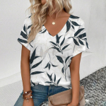 2024. aasta moodsa lillemustriga T-s&auml;rk Suvine vaba aeg Elegantne V-kaelusega T-s&auml;rk Naiste igap&auml;evane mugav l&uuml;hikeste varrukatega T-s&auml;rk S