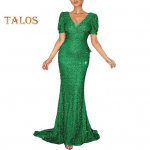 Naiste &otilde;htukleit, s&auml;delev litrid, l&uuml;hikesed mullvarrukad V-kaelusega, &otilde;huke, p&otilde;randapikkusega, suur kaar tagak&uuml;ljel, keskel v&ouml;&ouml;koht kokteilipidu pulmapidu, maxi S tumeroheline v&auml;rv