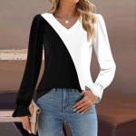 Women's Daily Casual Long-sleeved Striped Printed v-neck Top XXL