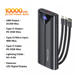 QOOVI 30000mAh Power Bank 22.5W Kiirlaadimine Sisseehitatud kaabel V&auml;line suur aku Kaasaskantav laadija iPhone'ile Samsungile Xiaomi'le must