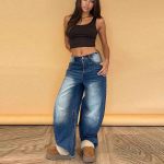 Naiste Hip Hop Baggy Laiad S&auml;&auml;red Keskmise Madala V&ouml;&ouml;kohaga Teksad Lahtised Poiss-s&otilde;bra Teksad Vintage Denim P&uuml;ksid S tumesinine v&auml;rv