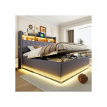 Polsterdatud voodi - MUVOE - 180 x 200 cm - Mitmev&auml;rvilised LED-tuled - USB-pistikupesa - H&uuml;drauliline panipaigaga hall
