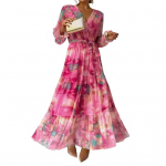 Naiste &otilde;htukleit Patchwork V kaelusega pits-up v&ouml;&ouml;koht Boheemlas stiilis latern varrukad Plisseeritud &scaron;ifoon V&auml;rviline print A-line suur &auml;&auml;ris maksikleit XL roosa punane v&auml;rv