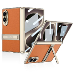 Luksuslik kattega raam Metallist tugijalg PU-nahast &uuml;mbris Samsung Galaxy Z Fold 8 jaoks Lai kate Hinge kaitse Karastatud klaasist kile Galaxy Z Fold 8 Wide oranž