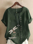 Suvine Casual Dragonfly Print Lahtine T-s&auml;rk Retro puuvillane ja linane O-kaelusega plusssuuruses l&uuml;hikeste varrukatega naiste topp XS-5XL 3XL