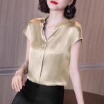 Satiinpluus Naiste l&uuml;hikeste varrukatega &uuml;laosa &uuml;hev&auml;rviline hall V-kaelusega pluusid, mustad hallid suvised &scaron;ifoonist topsid M