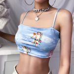 New Fashion Women camisole Sling Top Vest Varrukateta Cold Shoulder The Angel Of Cupid Print Short Camis Naiste suvetop S sinine